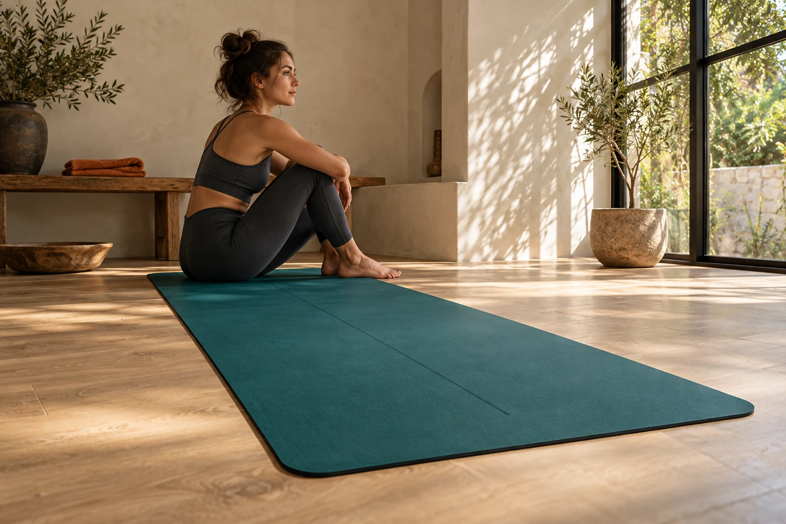 An indoor yoga space with a teal mat